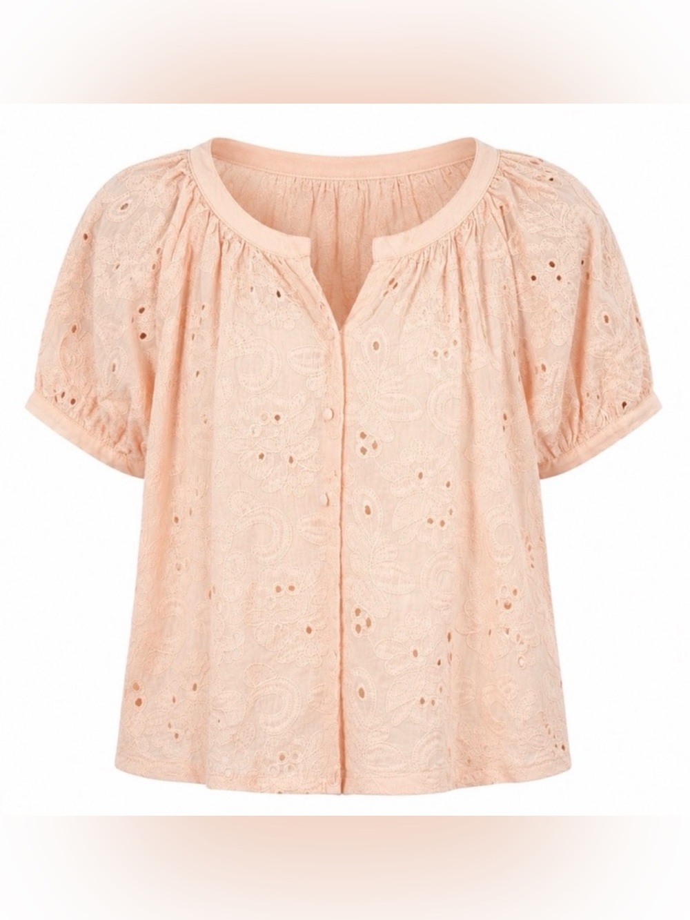 Calypso St. Barth Embroidered Peach Floral Puff Sleeve Eyelet Blouse.- S-